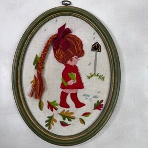 Vintage Leewards Girl Embroidery Framed Art school Decor Autumn Fall Cottagecore